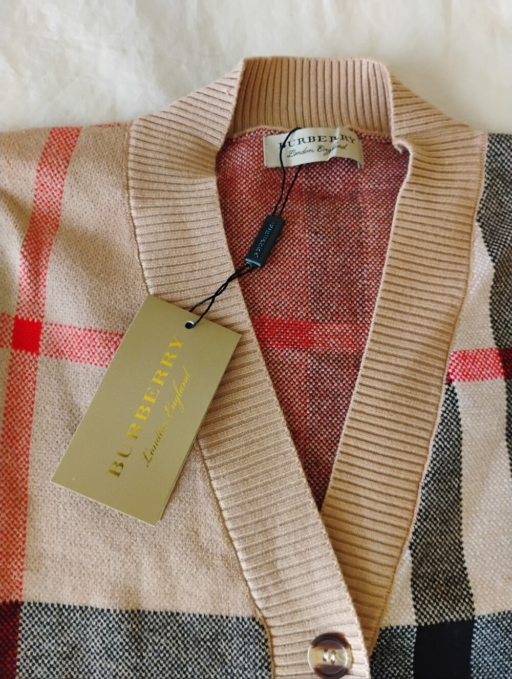 Beige Plaid V-Neck Button Cardigan with Red Accents - Picture 6 of 10
